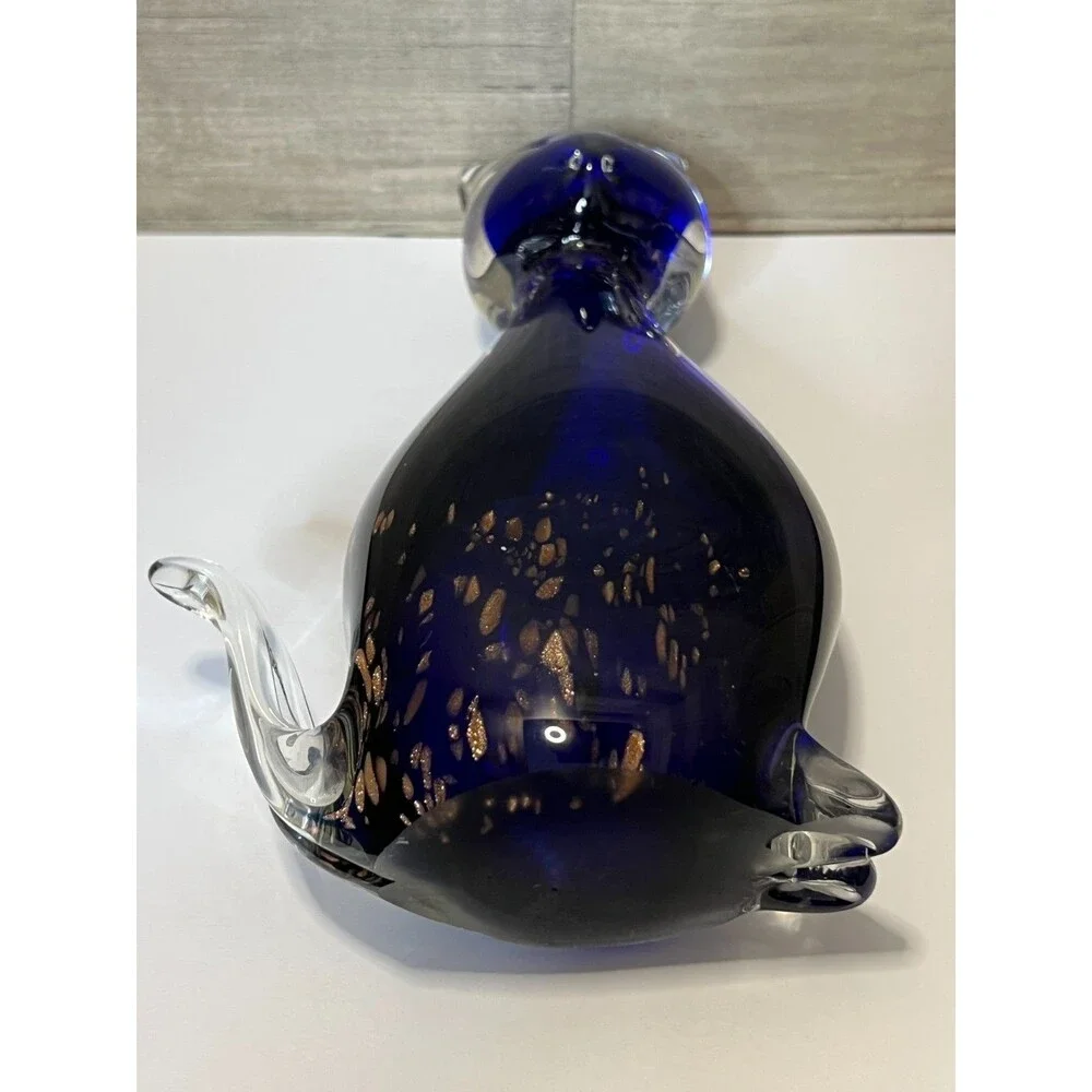Vintage Art Glass Cobalt Blue and Clear Cat Figurine Gold Copper Flakes Inside